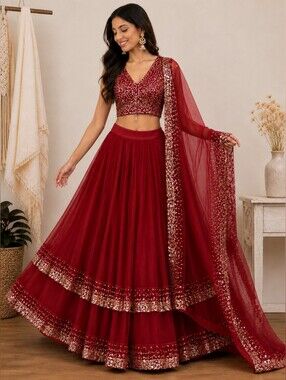 Red Gorgette With Sequined Work Lehenga Choli
